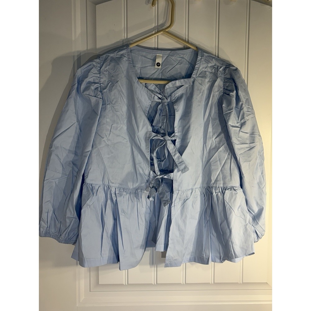 Light Blue Tie Front Peplum Womens Small Puff Sleeve Cottagecore Babydoll Blouse - Picture 1 of 3